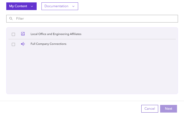 Import content modal listing maps and link charts in portal